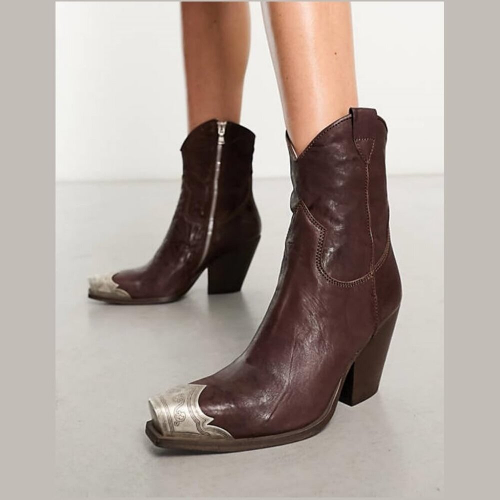 Women's Brown Western Cowgirl Ankle Boots Stacked Block Heel Steel Toe Heeled - Picture 2 of 7